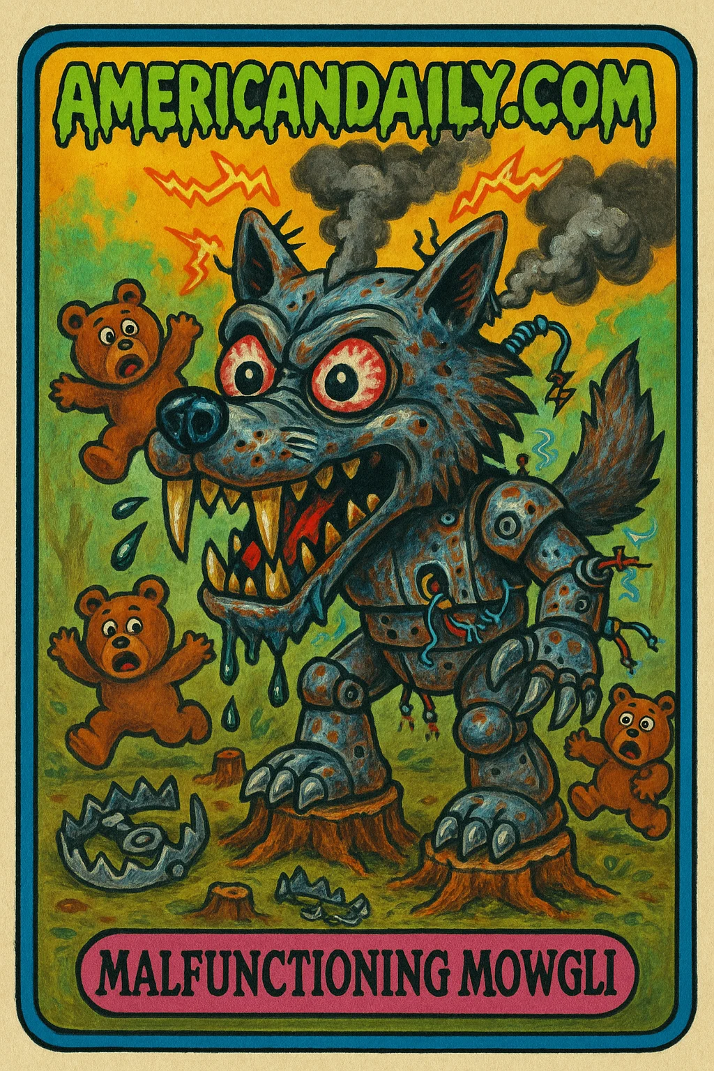 A grotesque 'Monster Wolf' robot with bulging eyes and sparking wires stands in a forest, scaring off cartoon bears. Slime font text reads 'AMERICANDAILY.COM'.