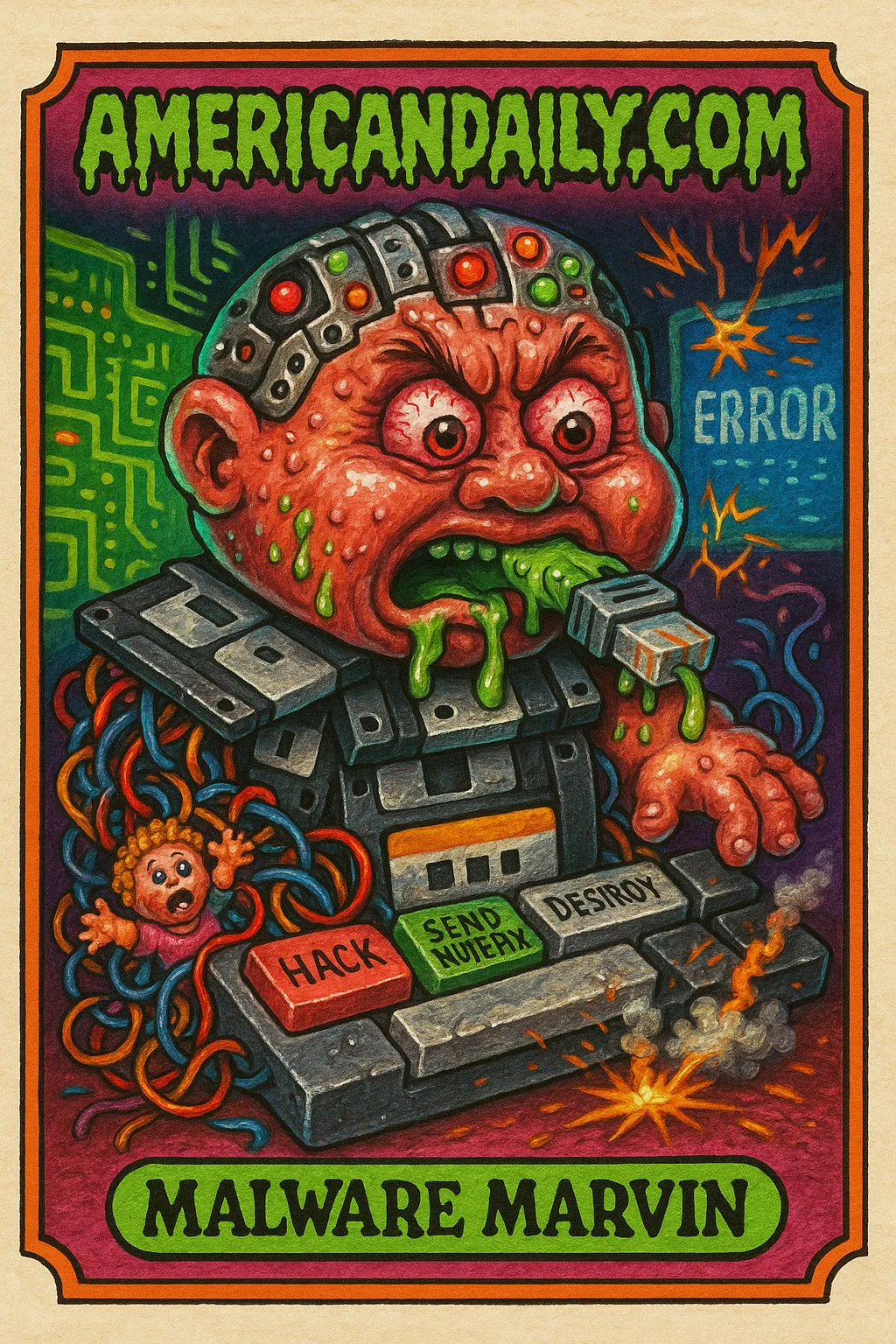 Card illustration of 'Malware Marvin', a grotesque AI entity with blinking lights, etched in chaotic and satirical style, depicting rogue cyber actions.