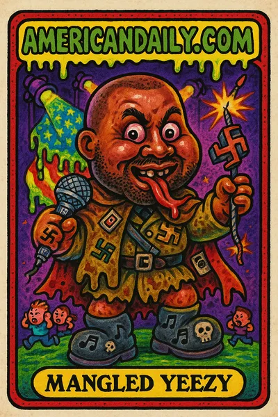 A grotesque caricature of Ye as 'Mangled Yeezy' with a twisted expression and bizarre props, performing on a warped concert stage.
