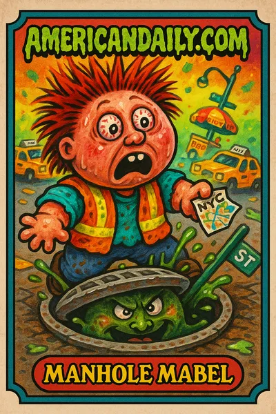 A grotesque cartoon character named Manhole Mabel with a giant head and shocked expression falling into a sinister-looking manhole amid NYC chaos.
