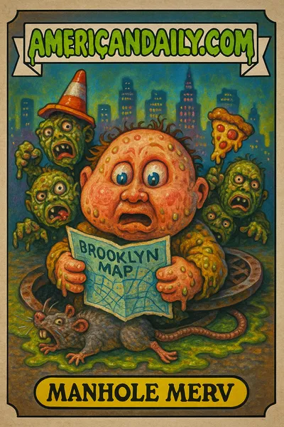 Garbage Pail Kids parody card showing 'unauthorized individuals' emerging from a manhole in Brooklyn with grotesque features and comical props.