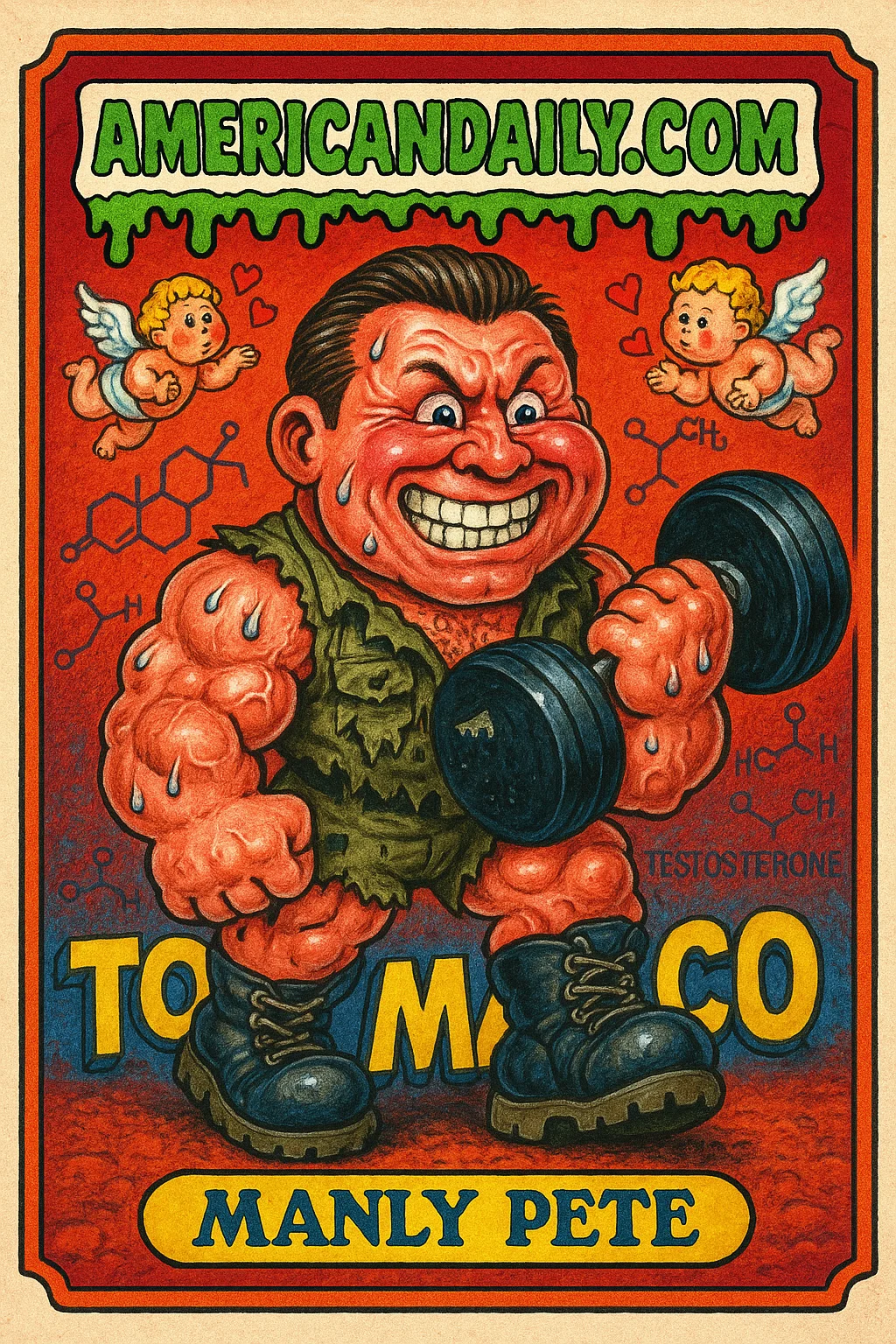 A grotesque cartoon of 'Manly Pete,’ a muscle-bound figure with exaggerated features, sweat, and cherubs, parodying hyper-masculinity in media.