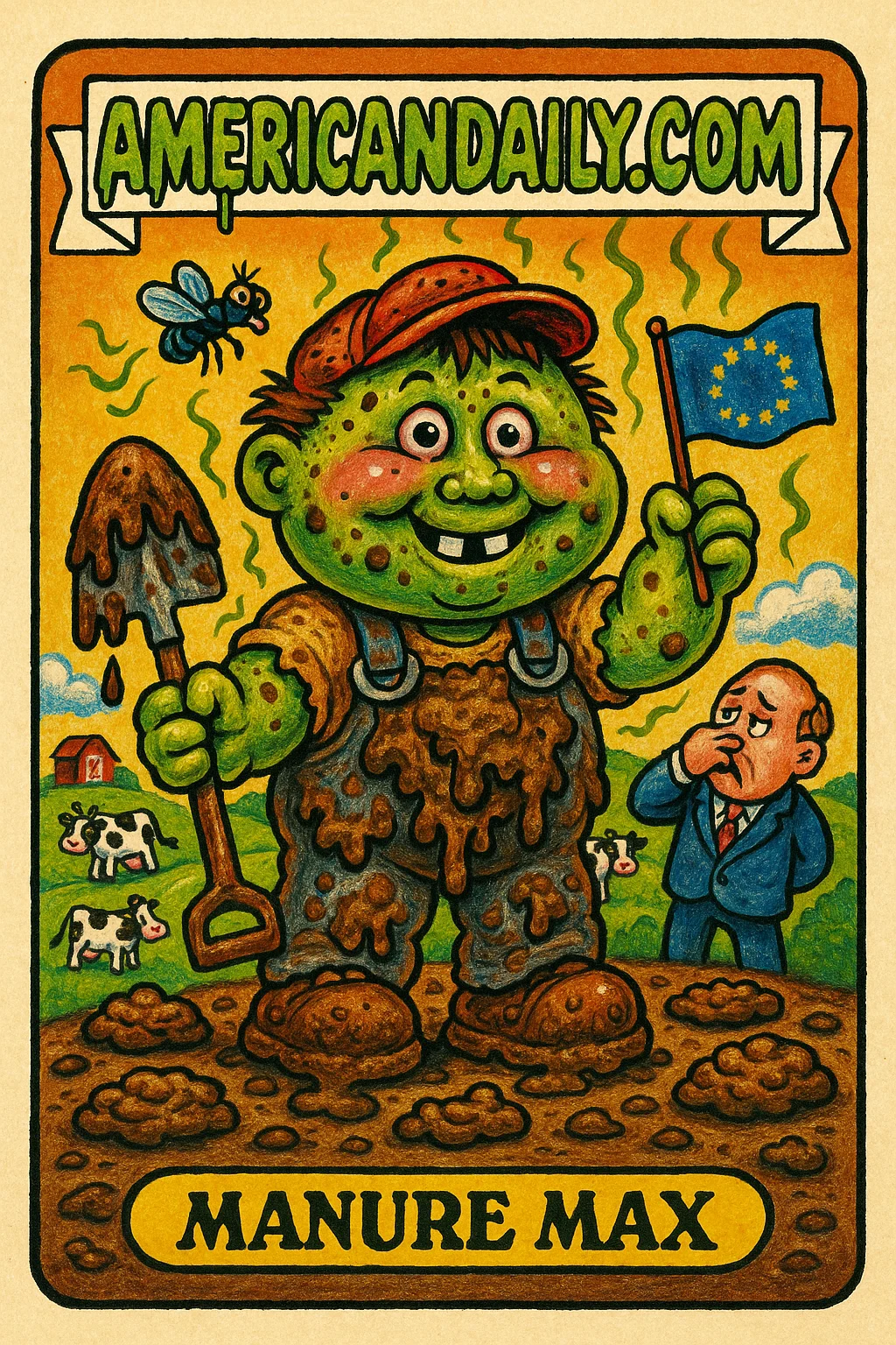 Grotesque character Manure Max resembles a Garbage Pail Kid with dung-stained overalls, holding a manure shovel. Flies buzz around his head.