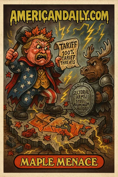 Cartoon parody trading card: a maple-crowned "Mock-King" swings a tariff hammer on a cracked border map slab, while a shield-bearing moose or bear stands ready on the Canadian side. Factories, shipping crates, and workers tumble, and lightning bolts shaped like tariff arrows spark in the sky. Top banner: "AMERICANDAILY.COM."