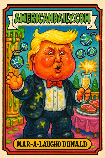 Garbage Pail Kids-style card depicting a grotesque caricature of Donald Trump partying at Mar-a-Lago amidst warfare-themed details.
