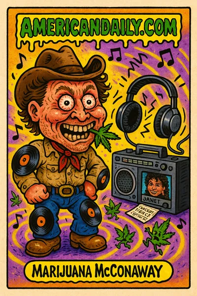A satirical trading card featuring a grotesque cartoon of Matthew McConaughey in a cowboy get-up with a giant head, bedecked in records, chewing on a marijuana leaf, with a boombox playing Janet Jackson.