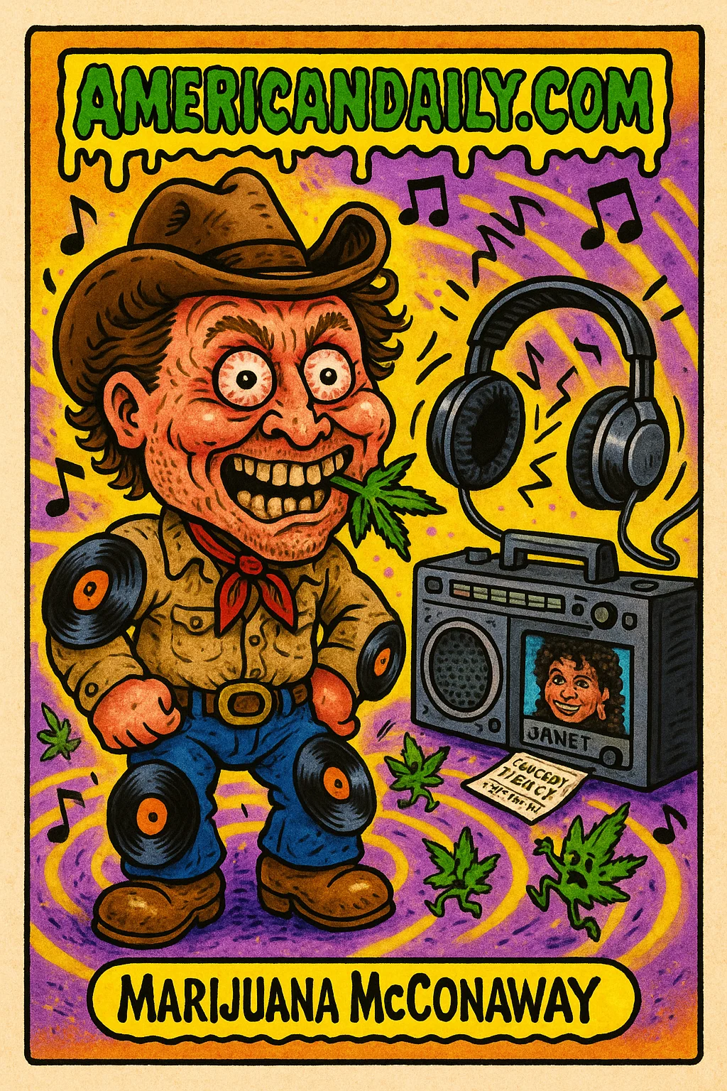 A satirical trading card featuring a grotesque cartoon of Matthew McConaughey in a cowboy get-up with a giant head, bedecked in records, chewing on a marijuana leaf, with a boombox playing Janet Jackson.