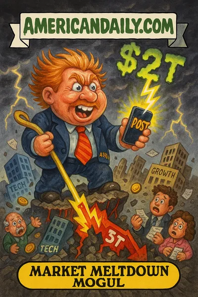 Parody trading card: a monstrous "Tweet-Tremor Tyrant" strikes the ground with a smartphone bolt labeled "TRUMP POST," fracturing markets. Surrounding are crumbling buildings marked "Tech," "Growth," "Assets," panicked investors, and ghostly "$2T" digits dripping in the sky. Top banner: "AMERICANDAILY.COM."