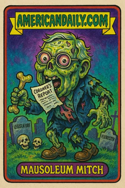 A grotesque trading card image of Mitch McConnell as a zombie, featuring decaying skin and graveyard background, referencing false body transportation rumors.