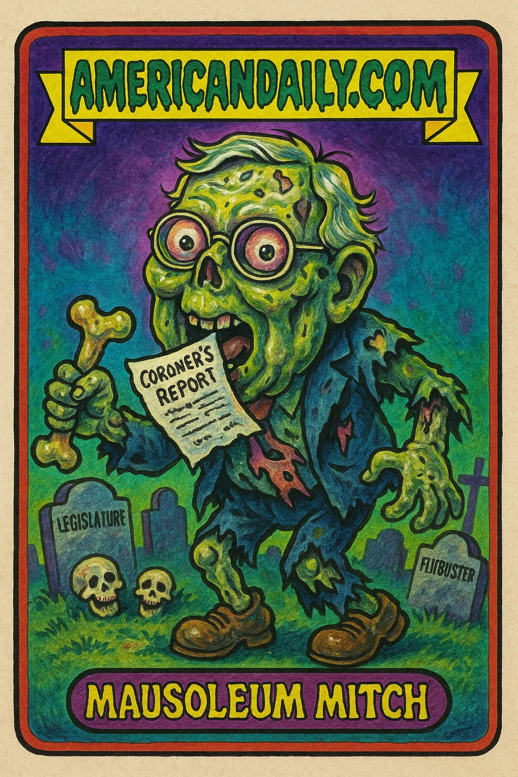 A grotesque trading card image of Mitch McConnell as a zombie, featuring decaying skin and graveyard background, referencing false body transportation rumors.