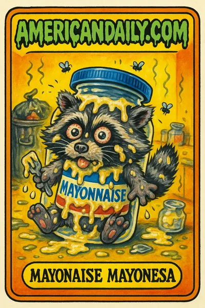 A Garbage Pail Kids-inspired illustration of a raccoon humorously stuck in a mayonnaise jar, with messy kitchen scene elements.
