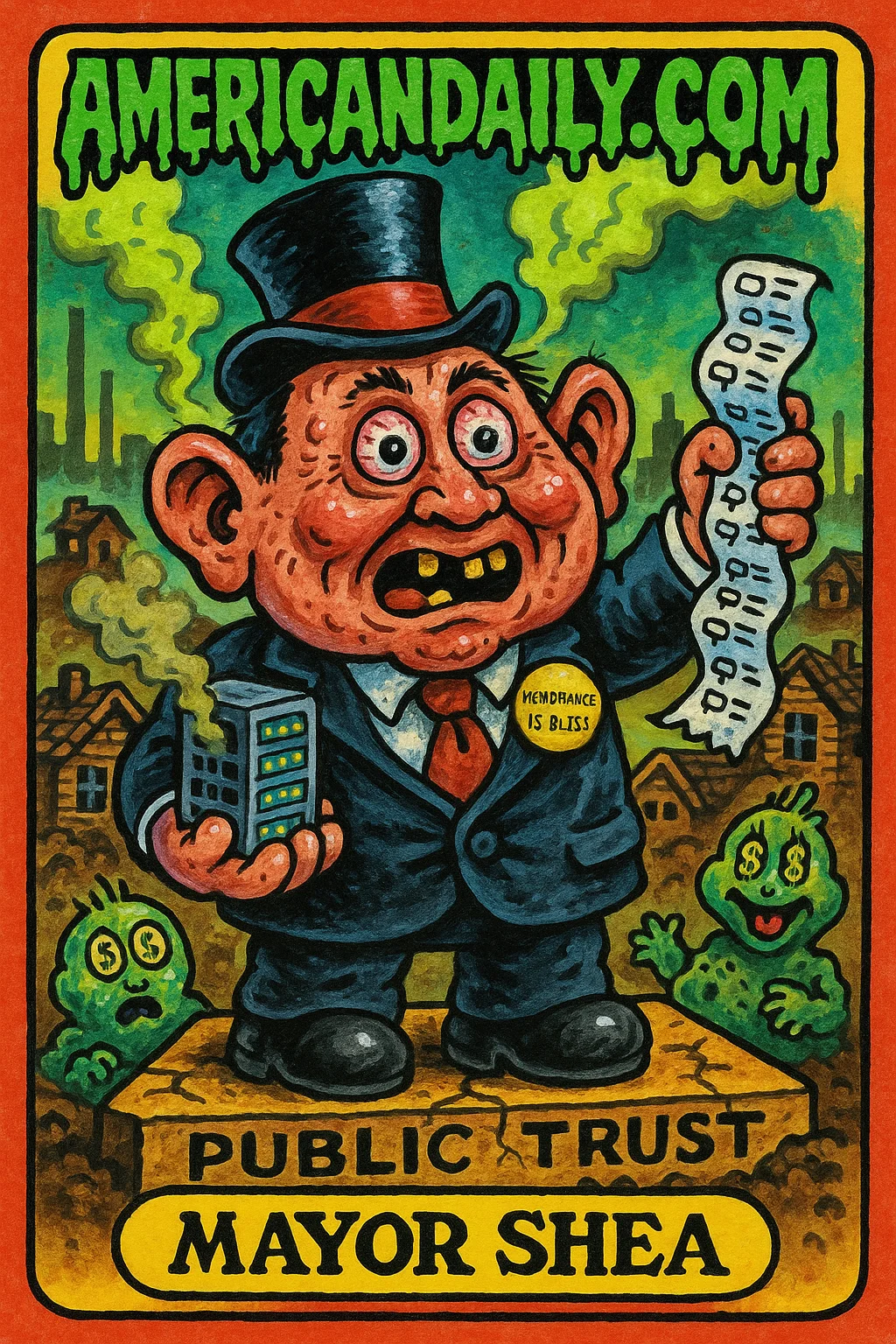 A grotesque parody of 'Mayor Shea' with bulging eyes, oversized ears wearing a top hat, standing amid dilapidated houses with a model data center spewing fumes.