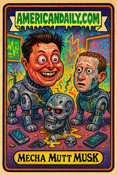 Grotesque robot dogs with Elon Musk's and Mark Zuckerberg's exaggerated heads, sparking wires, in a tech-themed gallery setting, illustrated in a Garbage Pail Kids style.