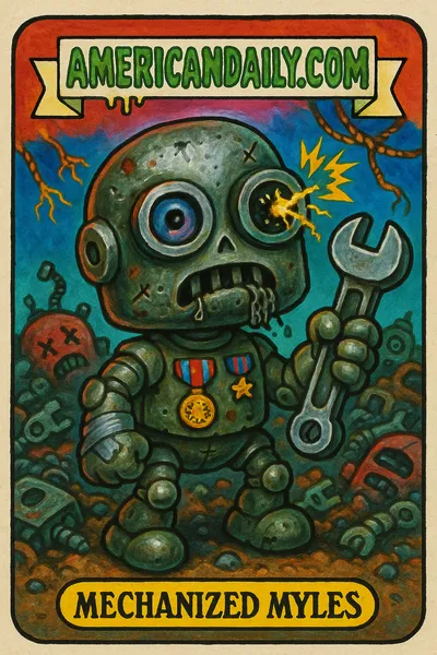 Trading card depicting a grotesque robot soldier with dented head, mismatched eyes, wires drooling from mouth, and sparking malfunctioning parts on a chaotic battlefield.