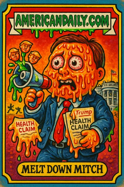 A grotesque parody of a melting White House spokesperson sweating profusely, clutching melting papers, surrounded by a chaotic White House backdrop.