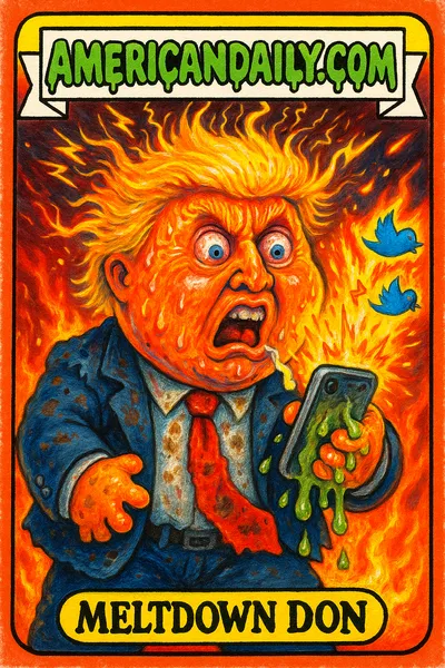 A satirical trading card featuring a grotesque caricature of Trump with an oversized head, deranged expression, and melting smartphone in hand, surrounded by fiery digital chaos.
