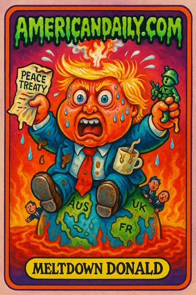 Grotesque caricature of Trump in a meltdown, with bulging eyes, orange skin, flames on hair, sitting on a melting globe, screaming at tiny world leaders.