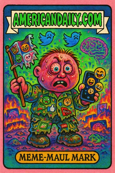A grotesque character named Meme-Maul Mark with a massive head, clad in meme-covered fatigues, stands confused with a smartphone and meme flag on a digital battlefield.