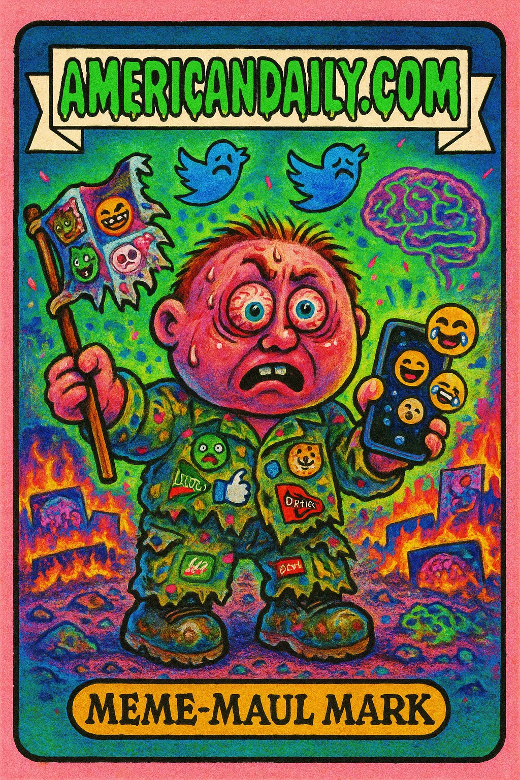 A grotesque character named Meme-Maul Mark with a massive head, clad in meme-covered fatigues, stands confused with a smartphone and meme flag on a digital battlefield.