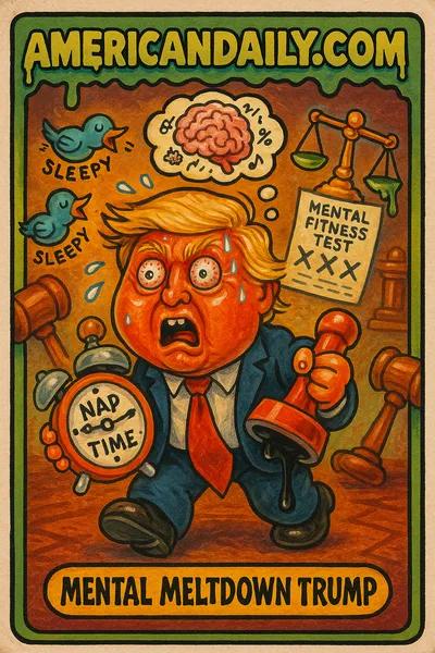 A grotesque caricature of Trump as 'Mental Meltdown Trump,' with a giant head, bloodshot eyes, holding an oversized alarm clock. Set in a whimsical courtroom.