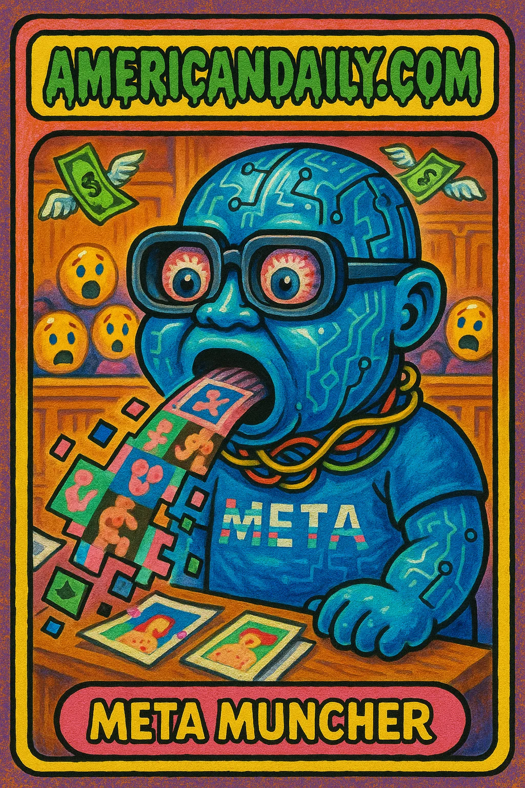 An illustrated satirical trading card showing 'Meta Muncher', a grotesque tech executive with a vacuum mouth sucking up pixelated content in a parody courtroom.
