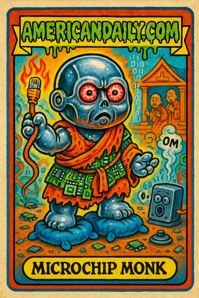 A satirical cartoon trading card featuring a humanoid robot in monk robes, standing atop crushed meditation cushions with glitchy elements and monks in the background.