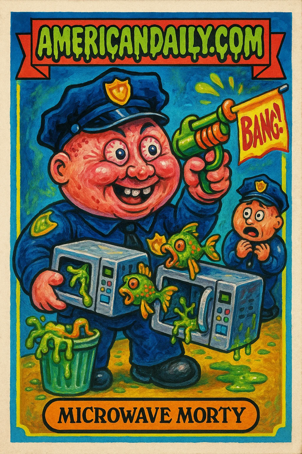 A grotesque, cartoonish police officer in a break room with a mutant fish-filled microwave and squirt gun, amidst clutter and chaos.