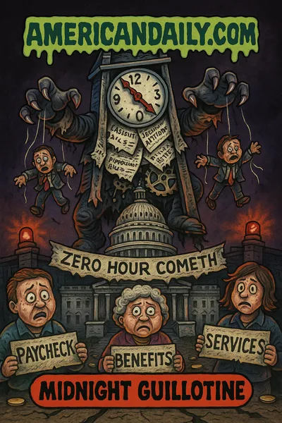 Grotesque parody trading card: a monstrous "Midnight Guillotine" clock tower looms over the cracked U.S. Capitol, its razor-blade clock hands set at 12:01. Congress members dangle as marionettes on fraying strings. Citizens at the bottom clutch signs "Paycheck," "Benefits," "Services." Hazard lights flash, a banner reads "Zero Hour Cometh," top banner says "AMERICANDAILY.COM," and the bottom caption reads "MIDNIGHT GUILLOTINE."