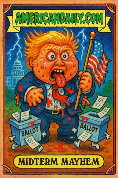 A grotesquely exaggerated Donald Trump spilling ballots from boxes, wild hair, and an ill-fitting suit. A chaotic Capitol scene of voting mayhem.