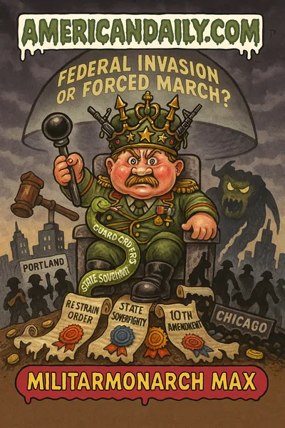 Grotesque parody trading card: a regal but militarized "MilitarMonarch Max" sits atop merged Chicago-Portland skyline, wearing a rifle-crown and holding a baton labelled "Guard Orders." Troops march on Portland streets, Chicago under military boots. Scrolls with "Restrain Order," "State Sovereignty," "10th Amendment" stand as barriers. Protestors and city officials hold signs: "Hands Off My City," "Local Authority," "Court Says No." Top banner: "AMERICANDAILY.COM."
