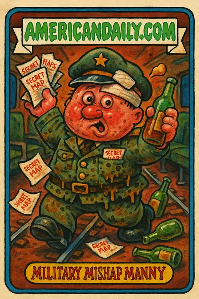 A satirical cartoon of an army general with exaggeratedly ugly features, booze in hand, and classified maps scattered as he stumbles on a train.