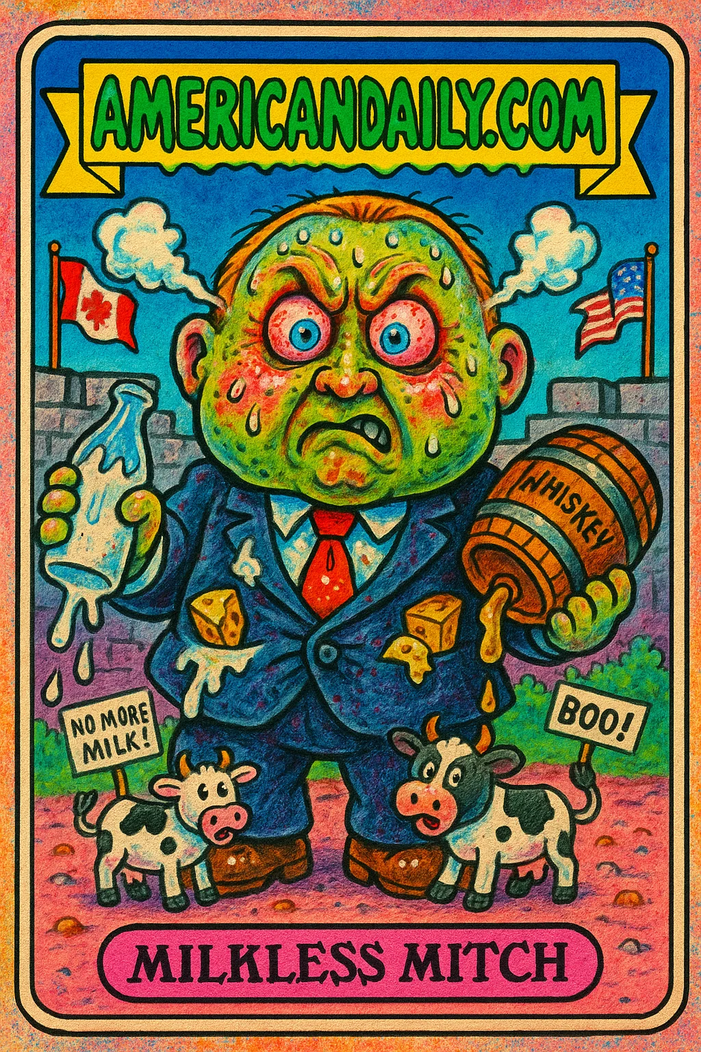 Grotesque cartoon character 'Milkless Mitch', with bloated cheeks and moldy skin, holds broken milk and whiskey props against a border wall background.