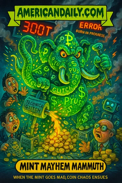Parody trading card: a mammoth creature made from stablecoin symbols stamps and spews massive amounts of coins via a mint press glitch. Around it, distressed traders and bots scramble. Overhead screens flash "300T" and "Error." Top banner reads "AMERICANDAILY.COM."