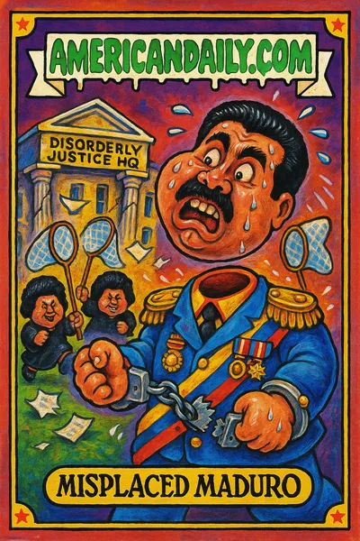 Grotesque caricature of Maduro with detached head in military uniform, surrounded by purgers with butterfly nets. Background features crumbling palace.