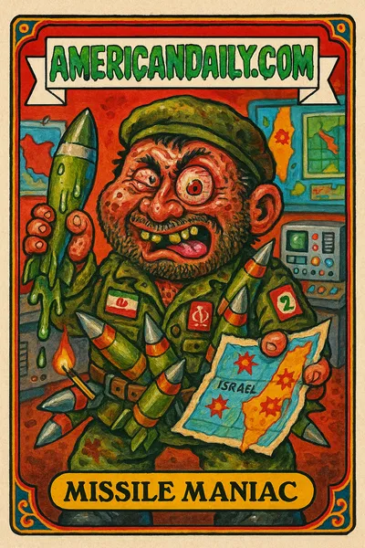 A grotesquely exaggerated Houthi fighter with bulging eyes, massive head, oozing missile, chaotic wartime setting, and a comically dangerous pose.