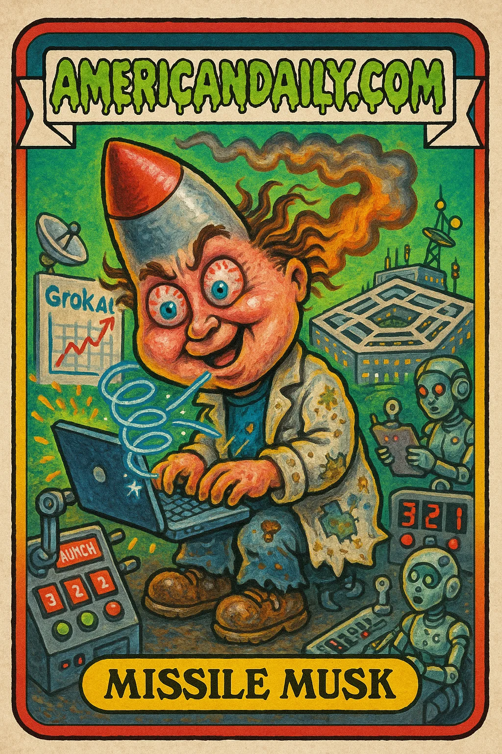 Grotesque cartoon of 'Missile Musk', Elon Musk with a missile-shaped head, typing at a sparking laptop amidst a chaotic missile control room.