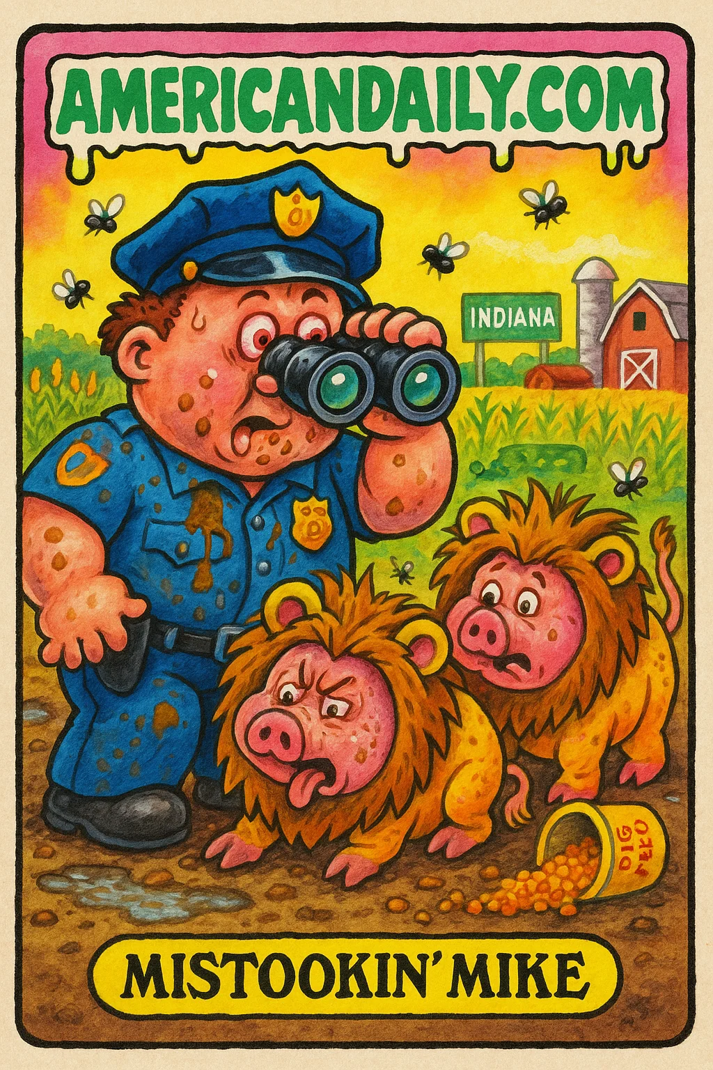 A comedic police officer peers at hogs dressed as lions with magnified binoculars in a rural Indiana landscape.