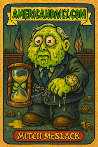 Trading card of Mitch McSlack, depicting an exaggerated Mitch McConnell with droopy jowls, a broken hourglass, cobwebbed fingers, in a musty Senate setting.