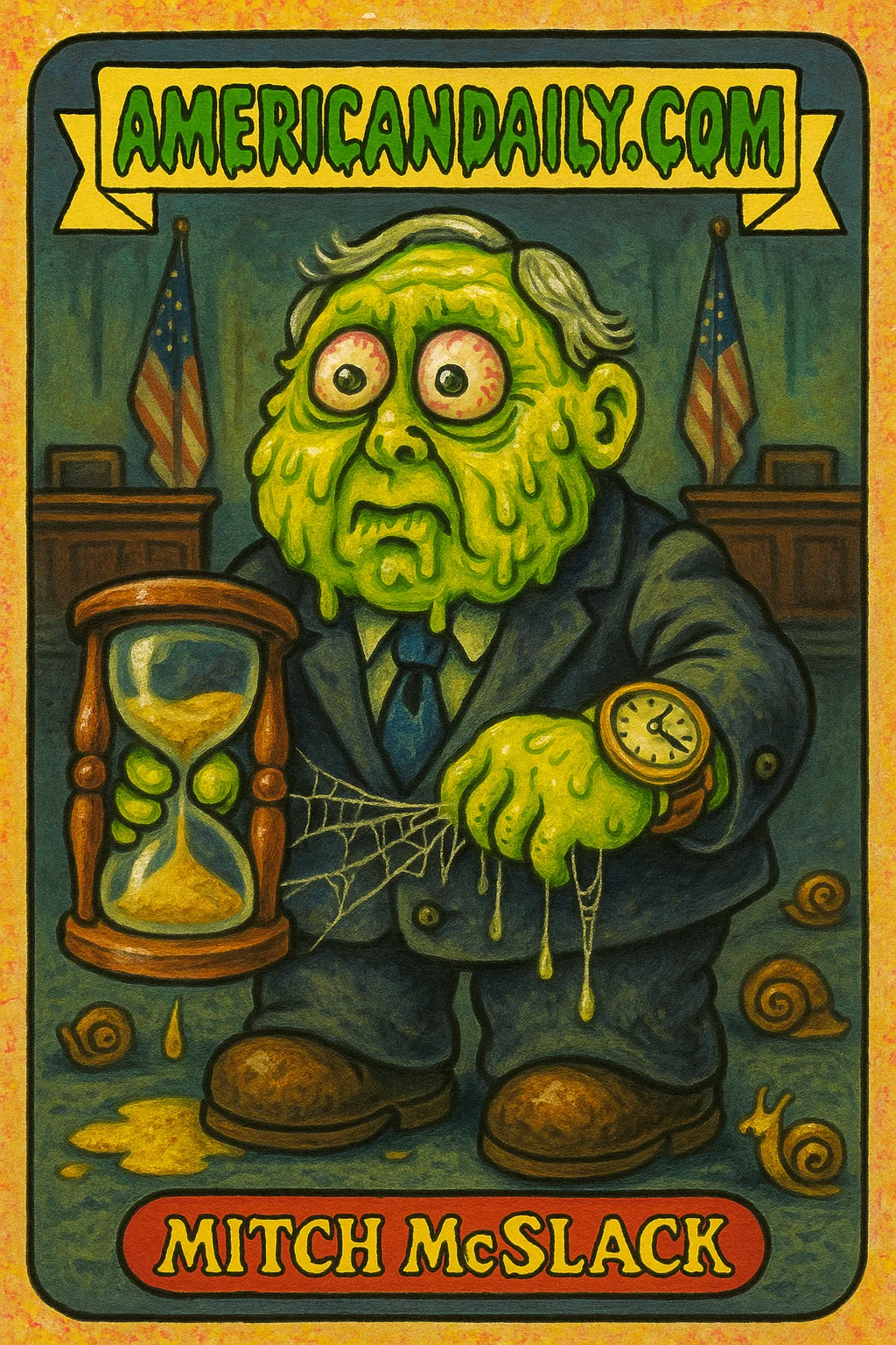 Trading card of Mitch McSlack, depicting an exaggerated Mitch McConnell with droopy jowls, a broken hourglass, cobwebbed fingers, in a musty Senate setting.