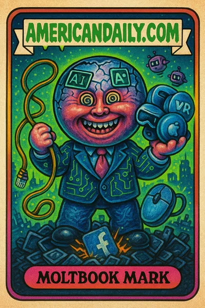 A grotesque tech CEO with a smartphone head and digital chaos is the focal point of this AmericanaDaily satirical card.