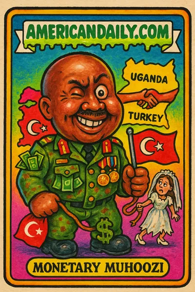 A cartoon parody of Ugandan General demanding money and a bride, with grotesque features, oversized military medals, and a reluctant bride.
