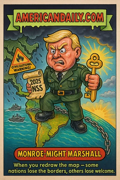 Cartoon trading card showing "Monroe-Might Marshall," a U.S.-style commander straddling a stylized map of the Americas, holding a scroll labeled "2025 NSS" and a golden key called "Trump Corollary Key." Behind him Europe is cracking under dark clouds and warning signs; Americas glow under sunbeams with coast-patrol ships and protective chains. Top banner reads "AMERICANDAILY.COM." Bottom nameplate reads "MONROE-MIGHT MARSHALL" with melting-text caption "When you redraw the map - some nations lose the borders, others lose the welcome."
