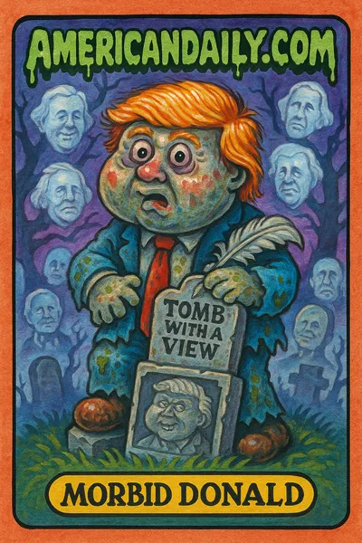 A grotesque cartoon of Trump, 'Morbid Donald', holding an oversized headstone and surrounded by ghostly presidents.