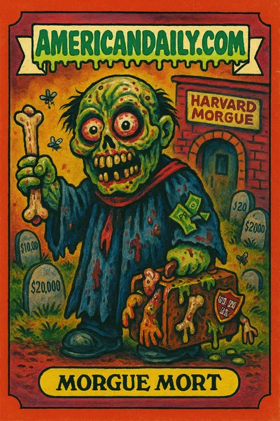 A grotesque trading card depicting a skeletal Harvard professor holding a bone diploma and a suitcase of body parts in a graveyard.