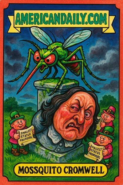 Grotesque cartoon of a massive mosquito triumphantly atop a cracked pedestal featuring a shriveled Oliver Cromwell clutching his side with warts and sores.