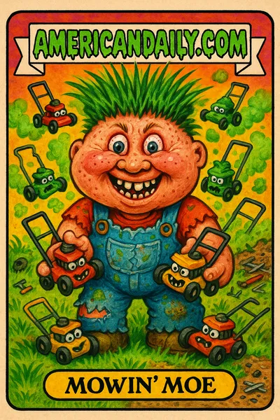 A bizarre, colorful trading card showing 'Mowin' Moe' surrounded by a wild array of animated lawnmowers, his expression one of grotesque joy.