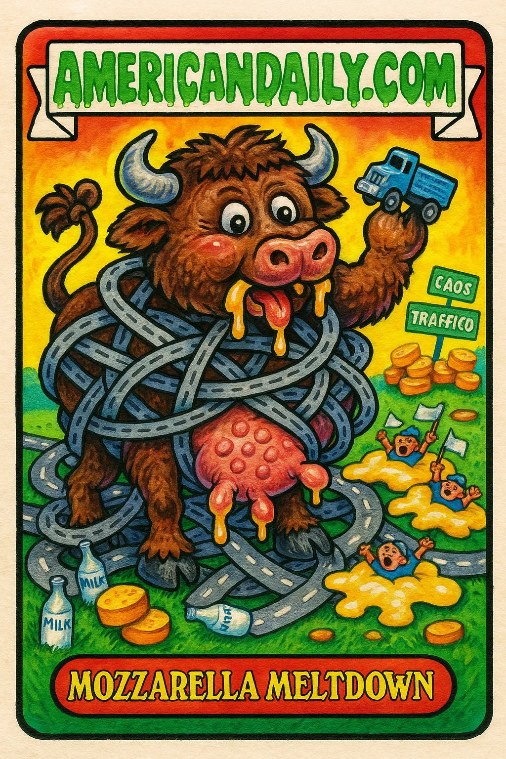 A Garbage Pail Kids style illustration of an anthropomorphic buffalo tangled in roads, holding a tiny truck, with chaotic elements symbolizing halted production of mozzarella.