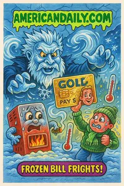 A parody trading card illustration of Mr. Frost, a grotesque frost king holding an energy bill and frozen chains over a suburban neighborhood buried in ice, symbolizing rising winter heating costs.