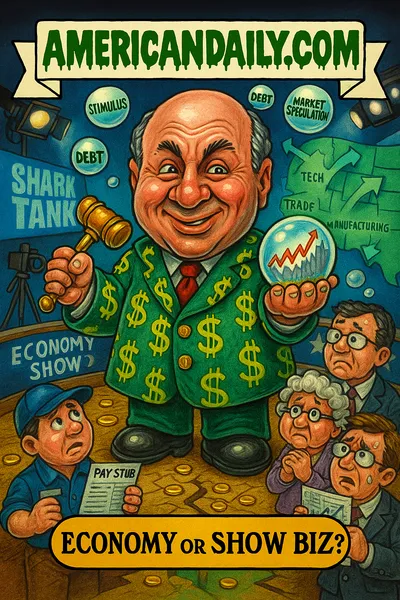 Grotesque parody trading card: a figure "Mr. Wonderful Wonk" draped in a cloak of dollar signs stands on a stage merged with a U.S. economic map. He holds a golden gavel and a glowing orb with a stock graph. Floating bubbles around him carry labels "Tariffs," "Stimulus," "Debt," "Trade Deals." Workers and business owners below look up. Top banner: "AMERICANDAILY.COM."