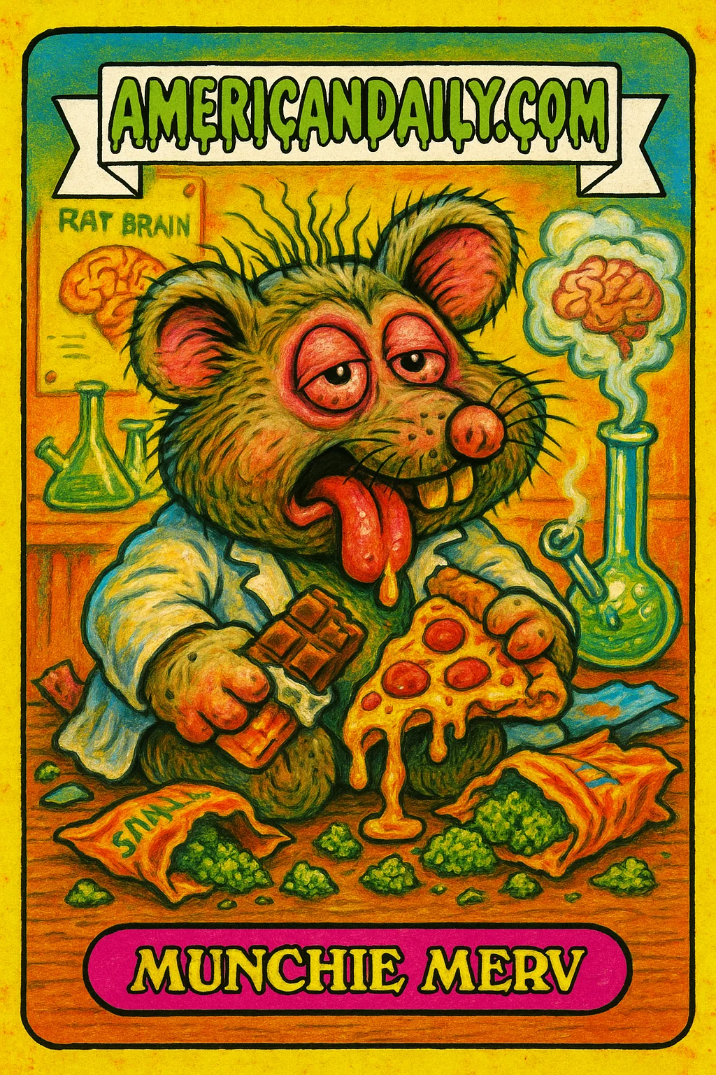 Grotesque rat 'Munchie Merv' with exaggerated features, in a messy lab, eating pizza, chocolate, surrounded by wrappers, smoke, and a bong.